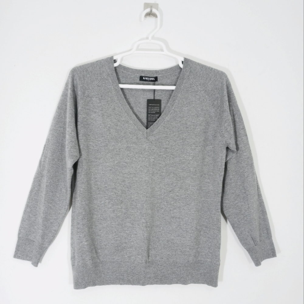 Kallspin Womens L Cashmere/Wool Blend Relaxed V-Neck Knit Sweater Preppy